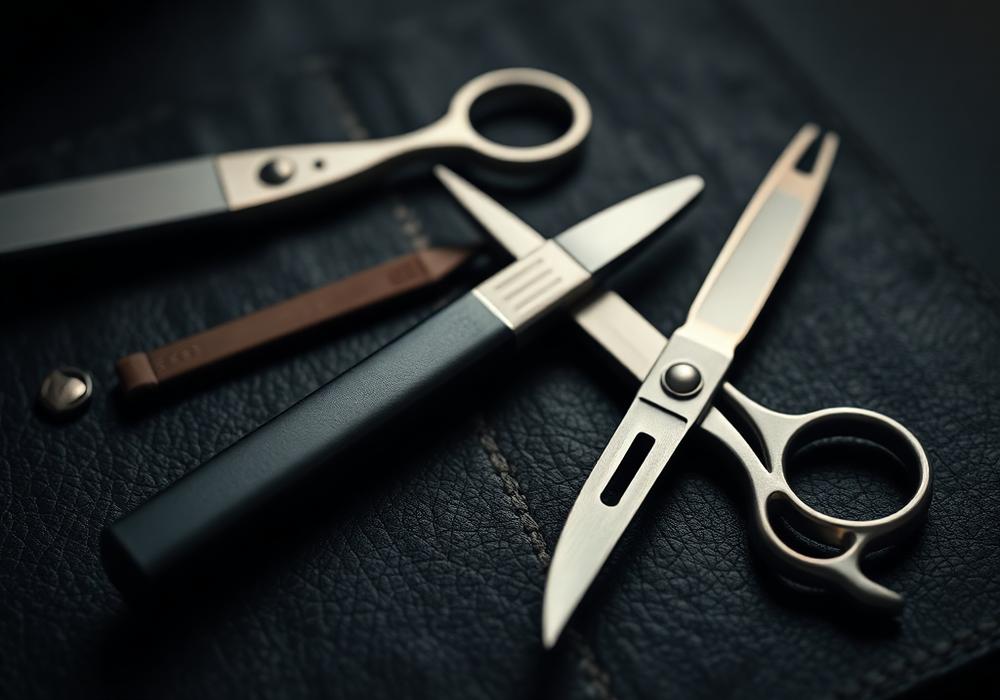 Friseurscheren und Rasiermesser auf dunklem Leder